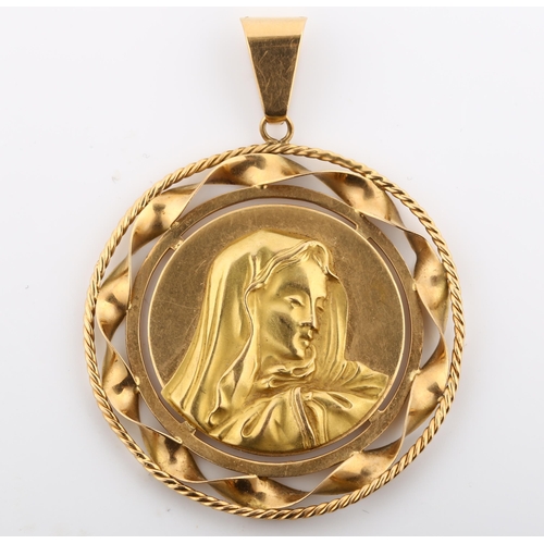 325 - An Italian 18ct gold Madonna pendant, in rope twist frame, pendant height 5.1mm, 8.5g