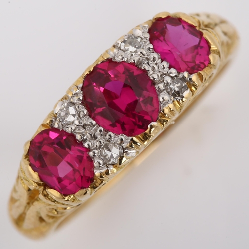 327 - **DESCRIPTION CHANGE** An early 20th century 18ct gold *synthetic* ruby and diamond half hoop ring, ... 