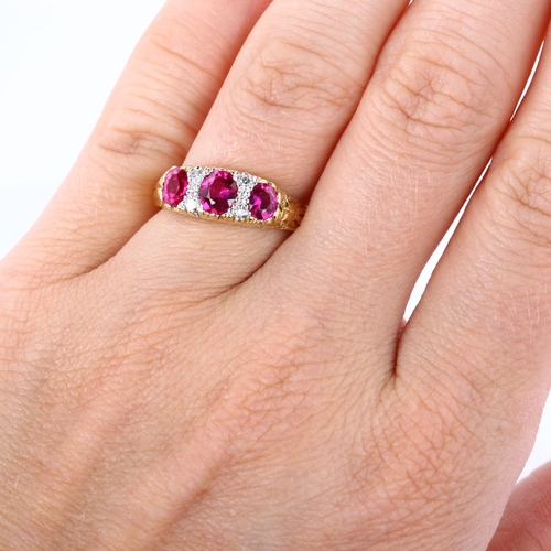 327 - **DESCRIPTION CHANGE** An early 20th century 18ct gold *synthetic* ruby and diamond half hoop ring, ... 