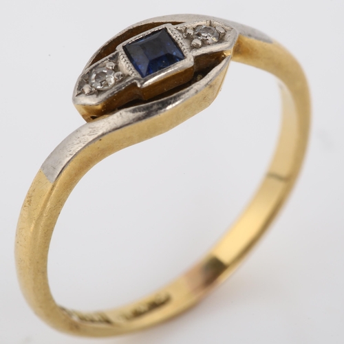 332 - An Art Deco 18ct gold three stone sapphire and diamond crossover ring, palladium-topped with square-... 