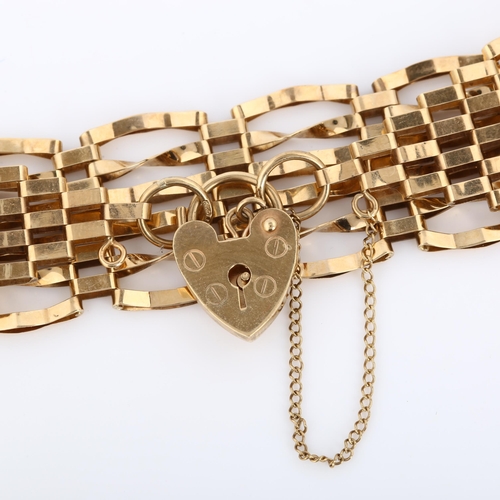 334 - A 9ct gold gatelink bracelet, with heart padlock clasp, length 18cm, 13.2g