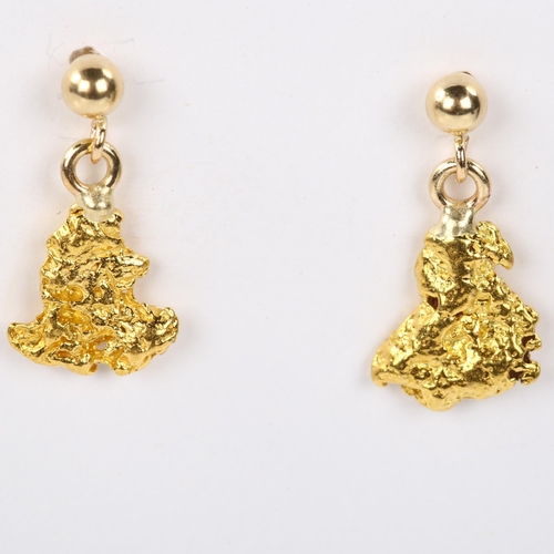 335 - A pair of gold nugget drop earrings, with 14ct stud fittings, earring height 16.5mm, 1.7g