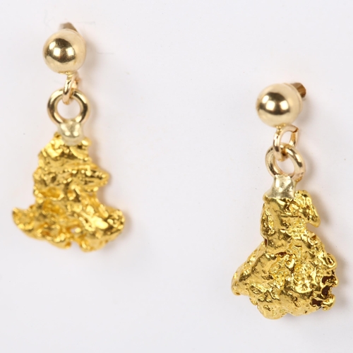 335 - A pair of gold nugget drop earrings, with 14ct stud fittings, earring height 16.5mm, 1.7g