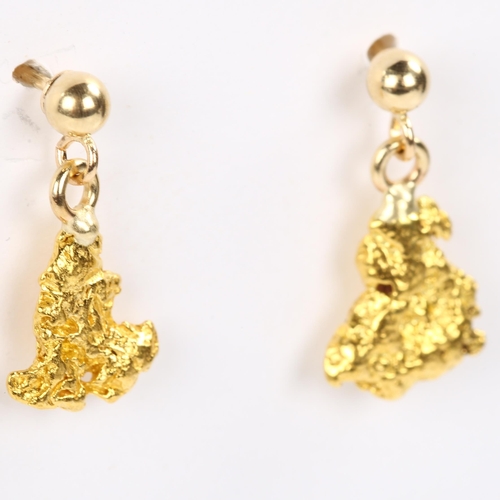 335 - A pair of gold nugget drop earrings, with 14ct stud fittings, earring height 16.5mm, 1.7g