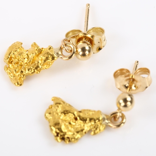 335 - A pair of gold nugget drop earrings, with 14ct stud fittings, earring height 16.5mm, 1.7g