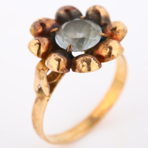 343 - A Continental 18ct rose gold blue stone flowerhead dress ring, setting height 15.8mm, size M, 4g