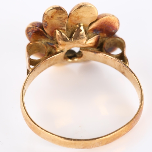 343 - A Continental 18ct rose gold blue stone flowerhead dress ring, setting height 15.8mm, size M, 4g