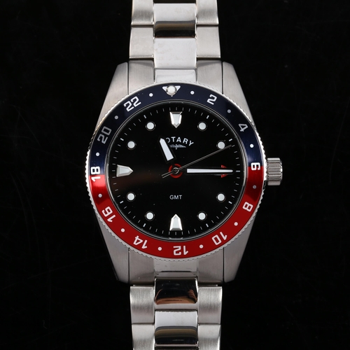 13 - ROTARY - a stainless steel GMT quartz bracelet watch, black dial with blue and red bezel, sweep cent... 