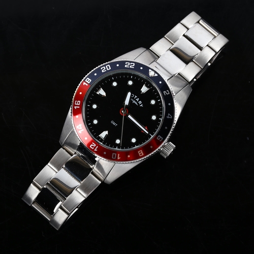 13 - ROTARY - a stainless steel GMT quartz bracelet watch, black dial with blue and red bezel, sweep cent... 