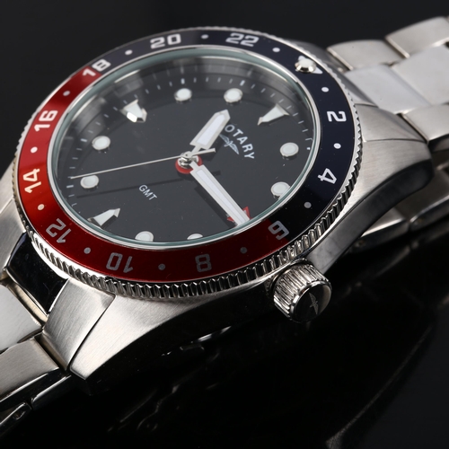 13 - ROTARY - a stainless steel GMT quartz bracelet watch, black dial with blue and red bezel, sweep cent... 