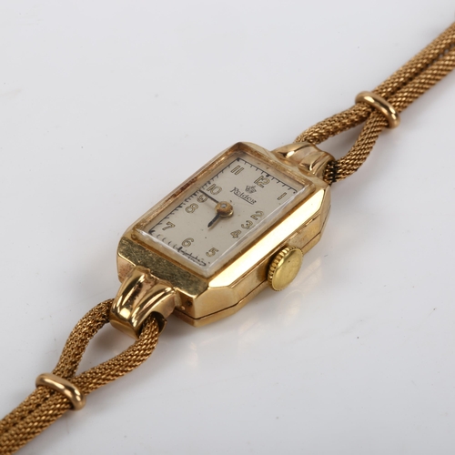 23 - ROIDOR - a lady's 9ct gold mechanical bracelet watch, silvered dial with Arabic numerals and 9ct mes... 