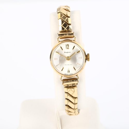 25 - BINGHAM - a lady's 9ct gold mechanical bracelet watch, silvered dial with gilt arrowhead hour marker... 