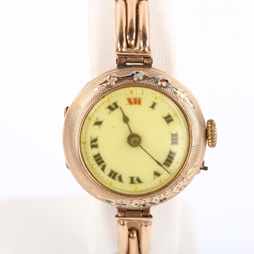 27 - A First World War Period 9ct rose gold mechanical bracelet watch, white enamel dial with Arabic nume... 