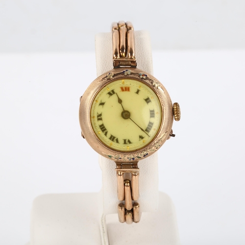 27 - A First World War Period 9ct rose gold mechanical bracelet watch, white enamel dial with Arabic nume... 