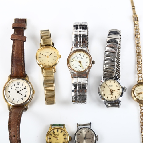 34 - Various lady's wristwatches, including 9ct Record, 12.5g gross, 9ct snake link strap, 5.6g etc