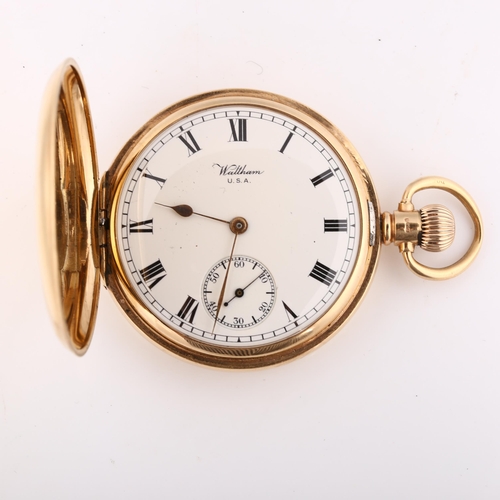 35 - WALTHAM - a 9ct gold full hunter keyless pocket watch, white enamel dial with Roman numeral hour mar... 