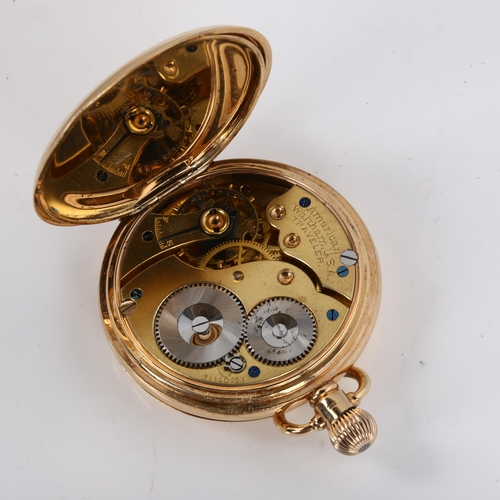 35 - WALTHAM - a 9ct gold full hunter keyless pocket watch, white enamel dial with Roman numeral hour mar... 