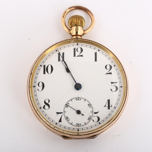 36 - An early 20th century 9ct gold open-face keyless pocket watch, white enamel dial with Arabic numeral... 