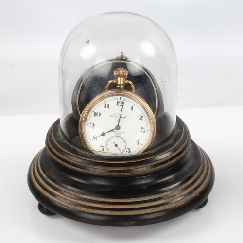 38 - An ebonised wood dome-top pocket watch stand, with gold plated Record Dreadnought pocket watch, work... 