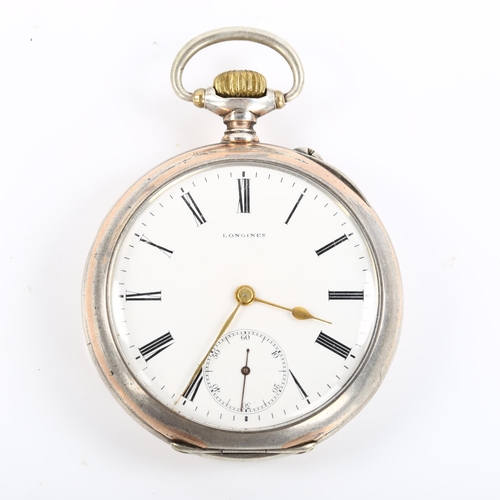 40 - LONGINES - a Continental silver open-face keyless pocket watch, white enamel dial with Roman numeral... 