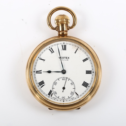 42 - VERTEX - a gold plated open-face keyless pocket watch, white enamel dial with Roman numeral hour mar... 