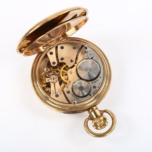 42 - VERTEX - a gold plated open-face keyless pocket watch, white enamel dial with Roman numeral hour mar... 