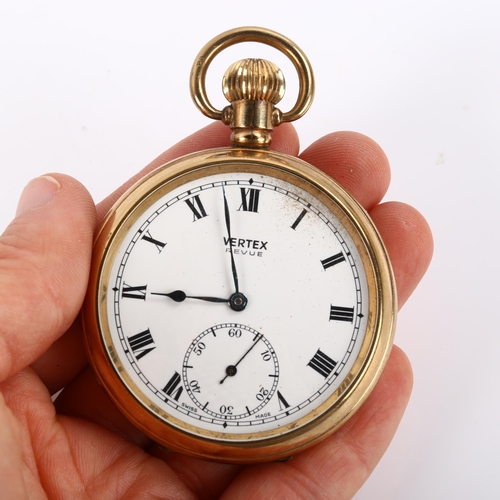 42 - VERTEX - a gold plated open-face keyless pocket watch, white enamel dial with Roman numeral hour mar... 