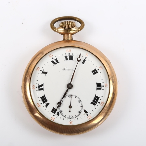 43 - TAVANNES - a gold plated open-face keyless pocket watch, white enamel dial with Roman numeral hour m... 