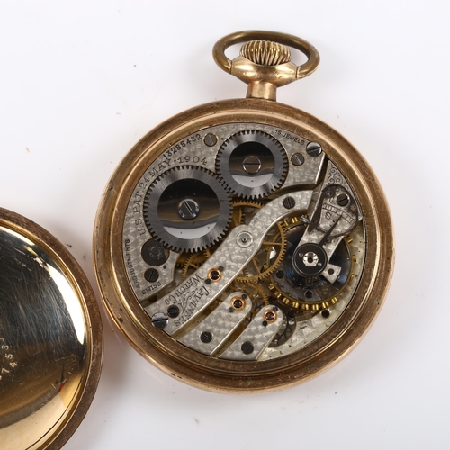 43 - TAVANNES - a gold plated open-face keyless pocket watch, white enamel dial with Roman numeral hour m... 