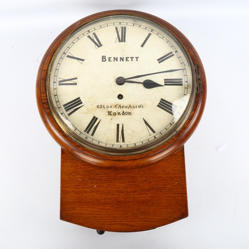 46 - A 19th century mahogany 30-hour drop-dial wall clock, by Bennett of London, white enamel dial with R... 