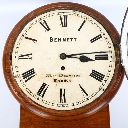 46 - A 19th century mahogany 30-hour drop-dial wall clock, by Bennett of London, white enamel dial with R... 