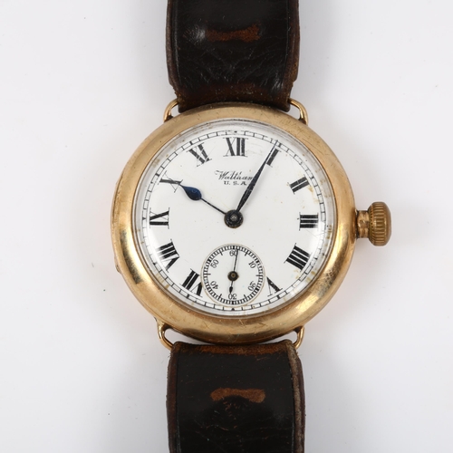 5 - WALTHAM - an early 20th century 9ct gold Officer's style wristwatch, white enamel dial with Roman nu... 