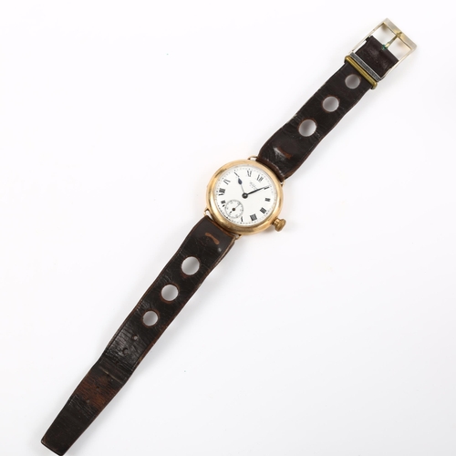 5 - WALTHAM - an early 20th century 9ct gold Officer's style wristwatch, white enamel dial with Roman nu... 