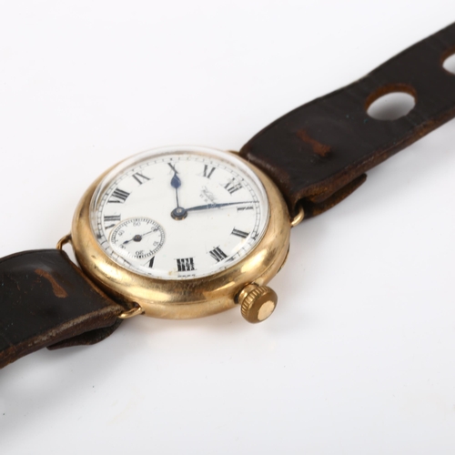 5 - WALTHAM - an early 20th century 9ct gold Officer's style wristwatch, white enamel dial with Roman nu... 