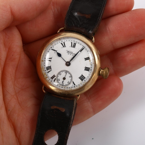 5 - WALTHAM - an early 20th century 9ct gold Officer's style wristwatch, white enamel dial with Roman nu... 