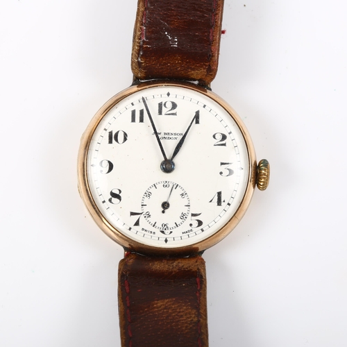 6 - J W BENSON - an early 20th century 9ct gold Officer's mechanical wristwatch, white enamel dial with ... 