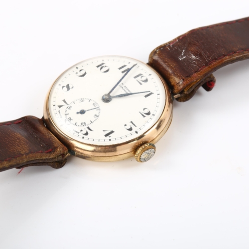 6 - J W BENSON - an early 20th century 9ct gold Officer's mechanical wristwatch, white enamel dial with ... 