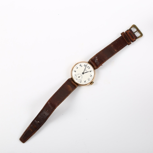 6 - J W BENSON - an early 20th century 9ct gold Officer's mechanical wristwatch, white enamel dial with ... 