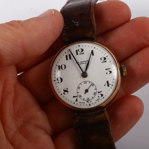 6 - J W BENSON - an early 20th century 9ct gold Officer's mechanical wristwatch, white enamel dial with ... 