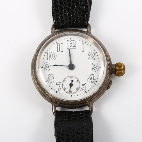 7 - An early 20th century silver Borgel Officer's trench mechanical wristwatch, white enamel dial with A... 