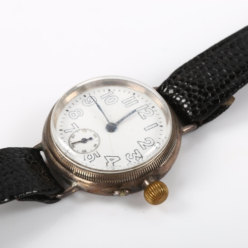 7 - An early 20th century silver Borgel Officer's trench mechanical wristwatch, white enamel dial with A... 