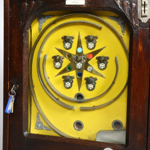 1003 - Lucky Star flick ball amusement arcade wall machine circa 1920s, stained wood case with original mir... 