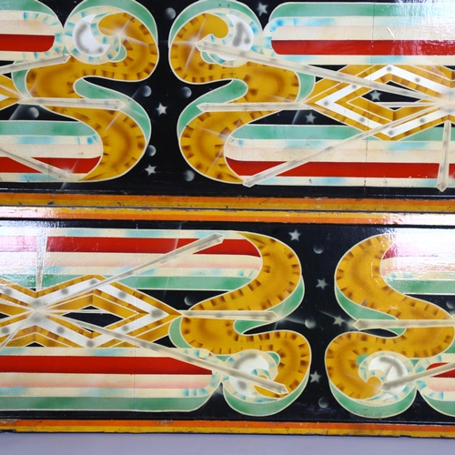 1016 - A set of coconut shy fairground boards, with hand painted designs, largest board 353cm x 68cm