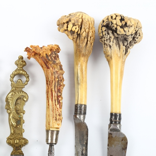 1037 - A group of 19th century armorial-handled knives and forks and 3 staghorn-handled knives and forks (7... 