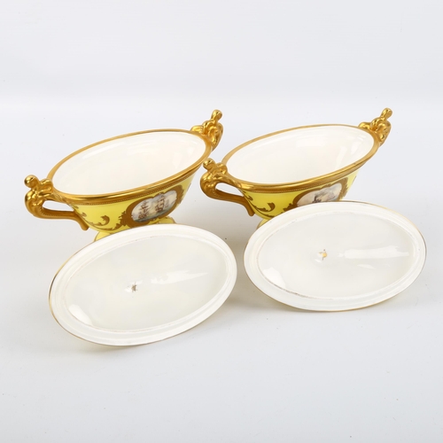 1046 - A pair of oval porcelain pots and covers, with hand painted marine panels in textured gilded surroun... 