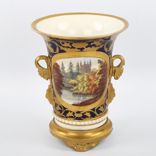 1048 - A 19th century porcelain spill vase, with hand painted panels depicting a couple by a waterfall and ... 