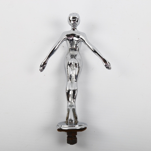 1050 - Art Deco chrome plate car mascot, in the form of a naked woman, height excluding fitting 13.5cm