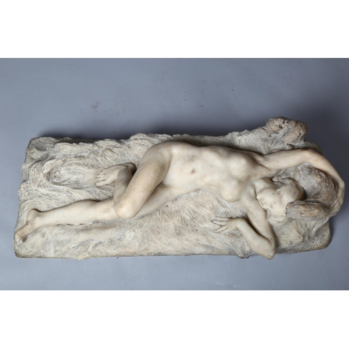 1051 - Henri Weigele (1858 - 1927), carved white marble sculpture, naked woman laying in the grass, signed ... 