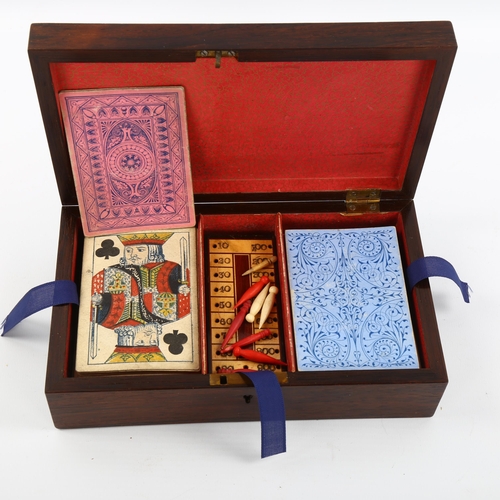 1070 - A Tunbridge Ware besique rosewood and parquetry inlaid games box, the interior fitted with cards and... 