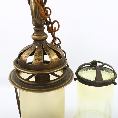 1075 - 2 Victorian hanging light fittings with opaque glass shades, largest height 32cm